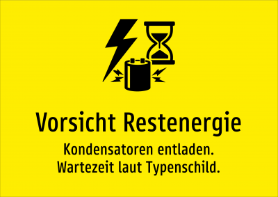 Vorsicht Restenergie - Kondensatoren entladen. Wartezeit laut Typenschild.
