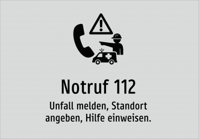 Notruf 112 - Unfall melden, Standort angeben, Hilfe einweisen.