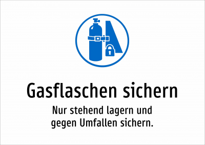 Gasflaschen sichern - Nur stehend lagern und gegen Umfallen sichern.