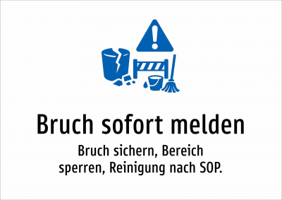 Bruch sofort melden - Bruch sichern, Bereich sperren, Reinigung nach SOP.