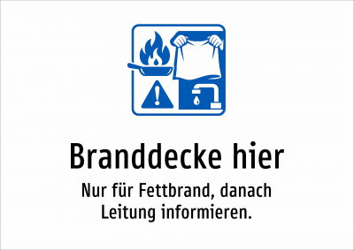 Branddecke hier - Nur für Fettbrand, danach Leitung informieren.
