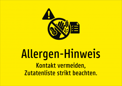 Allergen-Hinweis - Kontakt vermeiden, Zutatenliste strikt beachten.