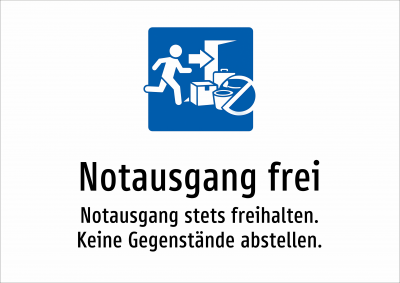 Notausgang frei - Notausgang stets freihalten. Keine Gegenstände abstellen.