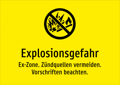 Explosionsgefahr - Ex-Zone. Zündquellen vermeiden. Vorschriften beachten.