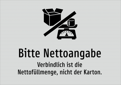 Bitte Nettoangabe - Verbindlich ist die Nettofüllmenge, nicht der Karton.