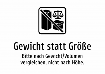 Gewicht statt Größe - Bitte nach Gewicht/Volumen vergleichen, nicht nach Höhe.