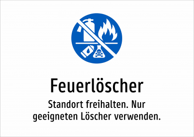 Feuerlöscher - Standort freihalten. Nur geeigneten Löscher verwenden.