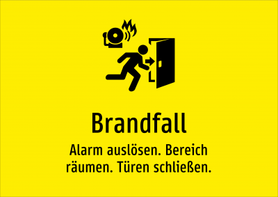 Brandfall - Alarm auslösen. Bereich räumen. Türen schließen.