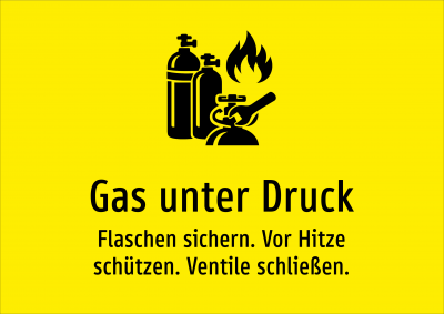 Gas unter Druck - Flaschen sichern. Vor Hitze schützen. Ventile schließen.