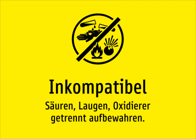 Inkompatibel - Säuren, Laugen, Oxidierer getrennt aufbewahren.
