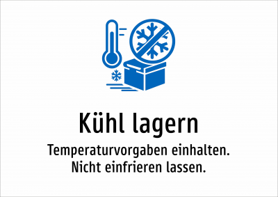 Kühl lagern - Temperaturvorgaben einhalten. Nicht einfrieren lassen.