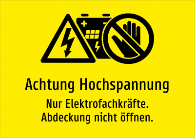 Achtung Hochspannung - Nur Elektrofachkräfte. Abdeckung nicht öffnen.