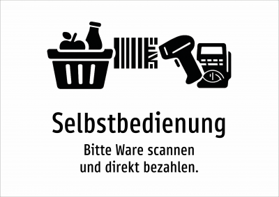Selbstbedienung - Bitte Ware scannen und direkt bezahlen.