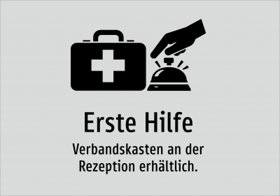Erste Hilfe - Verbandskasten an der Rezeption erhältlich.