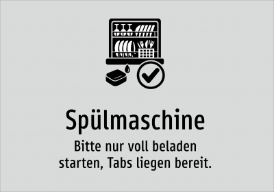 Spülmaschine - Bitte nur voll beladen starten, Tabs liegen bereit.