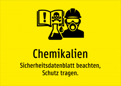 Chemikalien - Sicherheitsdatenblatt beachten, Schutz tragen.