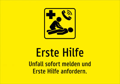 Erste Hilfe - Unfall sofort melden und Erste Hilfe anfordern.