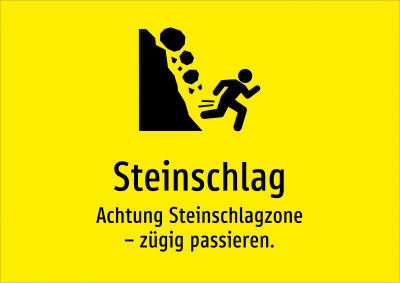 Steinschlag - Achtung Steinschlagzone – zügig passieren.