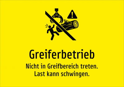 Greiferbetrieb - Nicht in Greifbereich treten. Last kann schwingen.