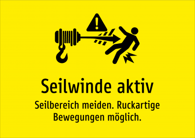 Seilwinde aktiv - Seilbereich meiden. Ruckartige Bewegungen möglich.