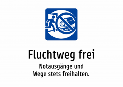 Fluchtweg frei - Notausgänge und Wege stets freihalten.