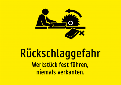 Rückschlaggefahr - Werkstück fest führen, niemals verkanten.