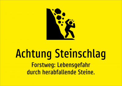 Achtung Steinschlag - Forstweg: Lebensgefahr durch herabfallende Steine.