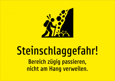Steinschlaggefahr! - Bereich zügig passieren, nicht am Hang verweilen.