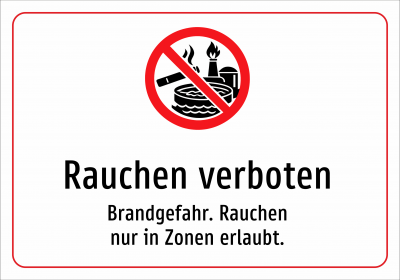 Rauchen verboten - Brandgefahr. Rauchen nur in Zonen erlaubt.