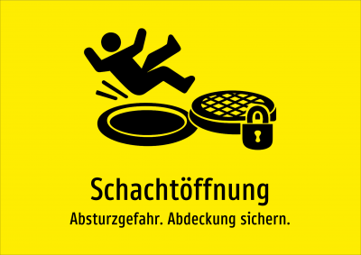 Schachtöffnung - Absturzgefahr. Abdeckung sichern.