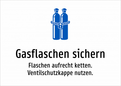Gasflaschen sichern - Flaschen aufrecht ketten. Ventilschutzkappe nutzen.