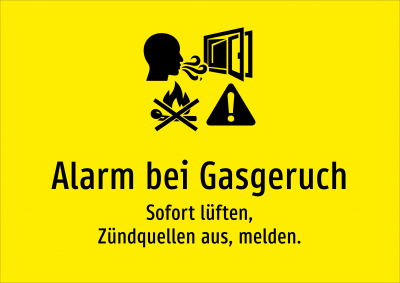 Alarm bei Gasgeruch - Sofort lüften, Zündquellen aus, melden.