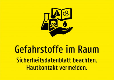 Gefahrstoffe im Raum - Sicherheitsdatenblatt beachten. Hautkontakt vermeiden.
