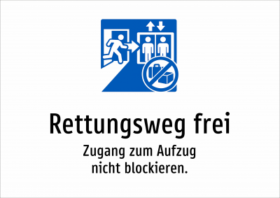 Rettungsweg frei - Zugang zum Aufzug nicht blockieren.
