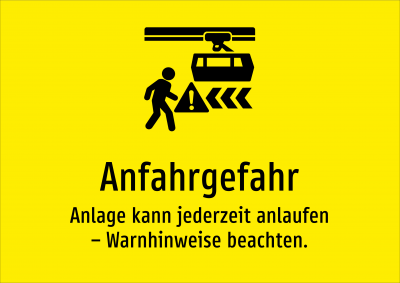 Anfahrgefahr - Anlage kann jederzeit anlaufen – Warnhinweise beachten.