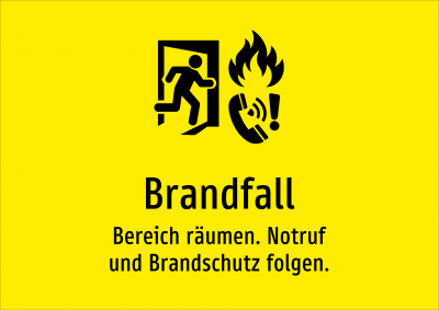 Brandfall - Bereich räumen. Notruf und Brandschutz folgen.