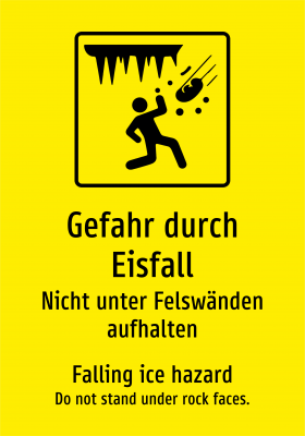 Gefahr durch Eisfall - Nicht unter Felswänden aufhalten