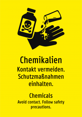 Chemikalien - Kontakt vermeiden. Schutzmaßnahmen einhalten.