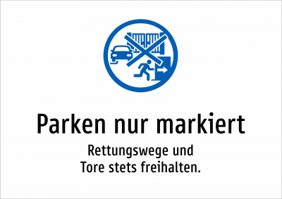 Parken nur markiert - Rettungswege und Tore stets freihalten.
