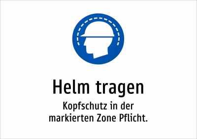Helm tragen - Kopfschutz in der markierten Zone Pflicht.