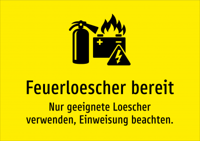 Feuerloescher bereit - Nur geeignete Loescher verwenden, Einweisung beachten.