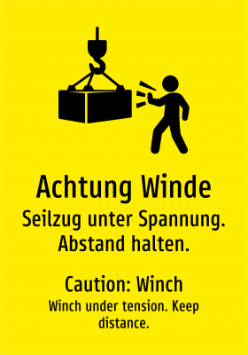 Achtung Winde - Seilzug unter Spannung. Abstand halten.