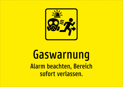Gaswarnung - Alarm beachten, Bereich sofort verlassen.