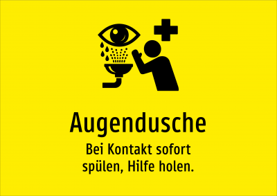 Augendusche - Bei Kontakt sofort spülen, Hilfe holen.
