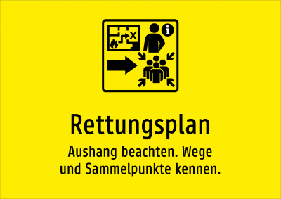 Rettungsplan - Aushang beachten. Wege und Sammelpunkte kennen.