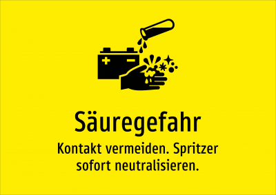Säuregefahr - Kontakt vermeiden. Spritzer sofort neutralisieren.
