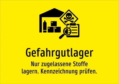 Gefahrgutlager - Nur zugelassene Stoffe lagern. Kennzeichnung prüfen.