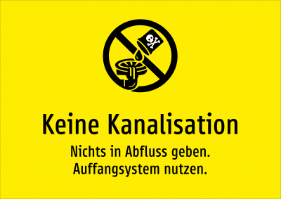 Keine Kanalisation - Nichts in Abfluss geben. Auffangsystem nutzen.