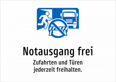 Notausgang frei - Zufahrten und Türen jederzeit freihalten.