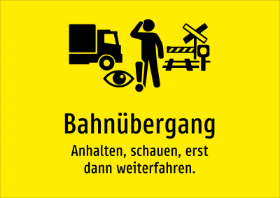 Bahnübergang - Anhalten, schauen, erst dann weiterfahren.